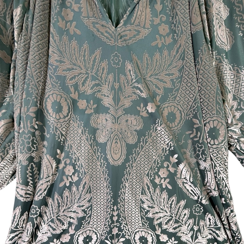 Umgee 1XL Sage Green Metallic Floral Boho Peasant Blouse Balloon Sleeve Top - Picture 6 of 13